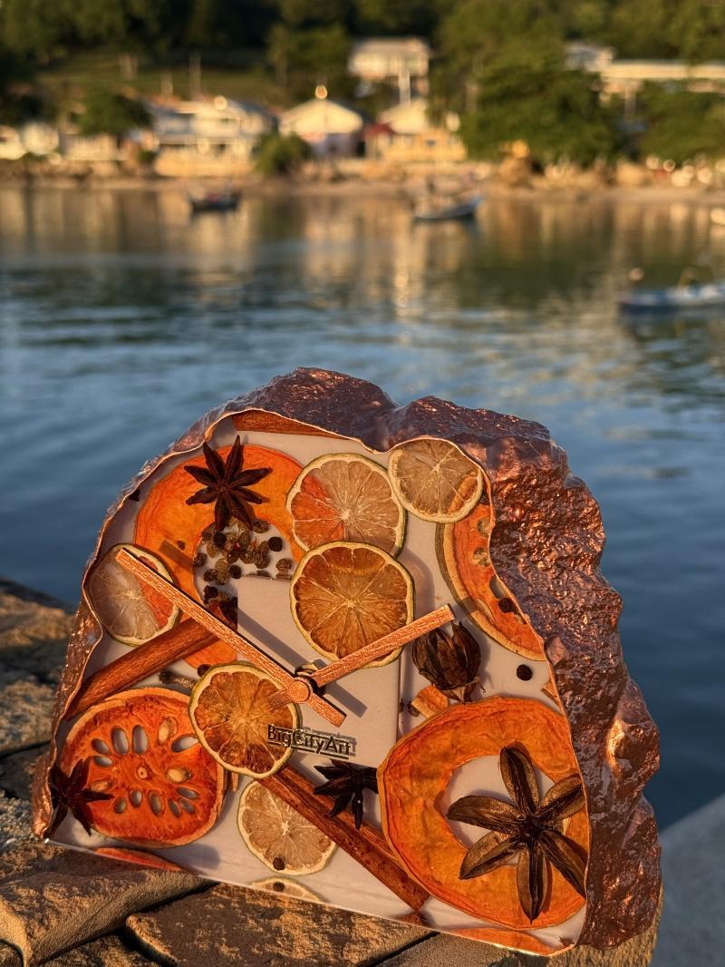 051 Rustic Resin Table Clock with Dried Fruit – Handcrafted Island Timepiece