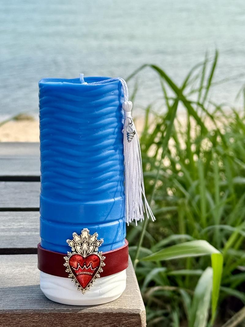 056 Sacred Heart Blue Soy Candle – Concrete Base & Tassel Accent